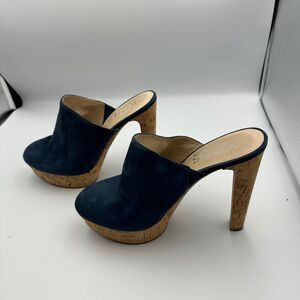 MICHAEL KORS Navy Suede Platform Mules Heels Cork Womens 9.5M AAI2J